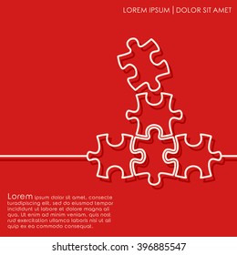 Outline puzzle on red background. Brochures, flyer, card design template. Vector illustration