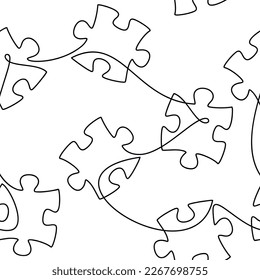 Outline puzzle pieces vector seamless pattern. One line continuous backdrop illustration. Abstract wallpaper, graphic background, fabric, textile, print, wrapping paper, package design.