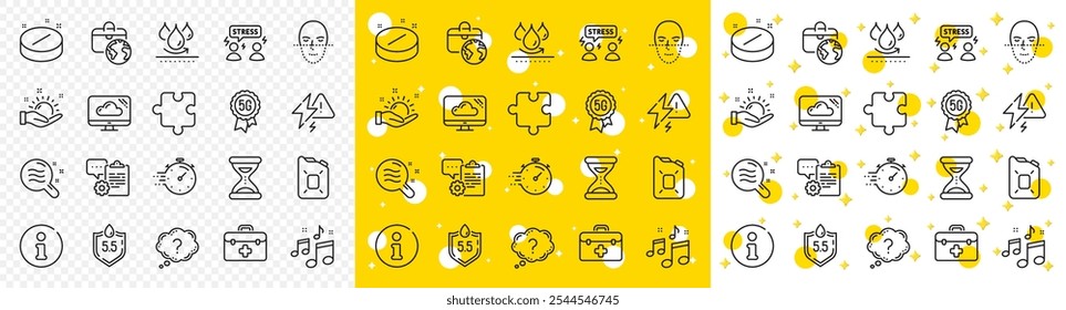 Outline Puzzle, Question mark and Global business line icons pack for web with Time, First aid, Info line icon. Music, Sunny weather, Medical tablet pictogram icon. Skin condition, Timer. Vector