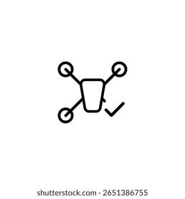 Um contorno de um drone quadricóptero com uma marca de seleção, indicando uma operação, conexão ou conclusão bem-sucedida.