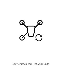Um contorno de um drone quadricóptero com setas circulares de atualização, representando a função de sincronização, atualização ou retorno para casa.