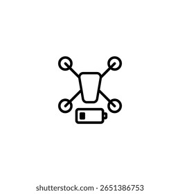 Um esboço de um drone quadricóptero com um indicador de bateria fraca, avisando de baixa energia e necessidade de recarga.