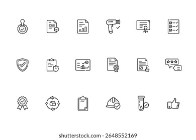 Outline quality control icons set including checkmarks documents thumbs up symbols