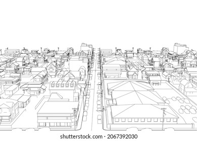 Outline of a quarter of a small town from black lines isolated on a white background. Vector illustration