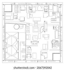 Outline of a quarter of a small town from black lines isolated on a white background. View from above. Vector illustration