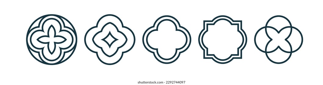 Outline quatrefoil symbol set. Gothic or christian old symbol. Classic traditional decorative element. Quatrefoil geometric shape. Vector illustration