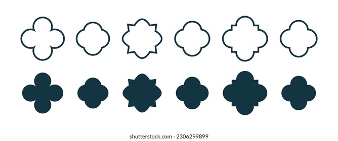 Conjunto de símbolos de quatrefoil de contorno. Símbolo gótico o cristiano antiguo. El clásico elemento decorativo tradicional. Forma geométrica de quatrefoil. Ilustración del vector