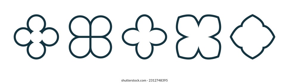 Conjunto de símbolos de quatrefoil de contorno. Símbolo gótico o cristiano antiguo. El clásico elemento decorativo tradicional. Forma geométrica de quatrefoil. Ilustración del vector