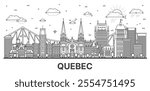 Outline Quebec Canada city skyline with modern and historic buildings isolated on white. Vector illustration. Quebec cityscape with landmarks.