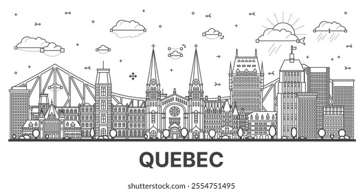 Outline Quebec Canada city skyline with modern and historic buildings isolated on white. Vector illustration. Quebec cityscape with landmarks.