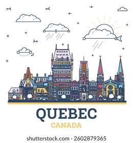 Outline Quebec Canada city skyline with colored modern and historic buildings isolated on white. Vector illustration. Quebec cityscape with landmarks.