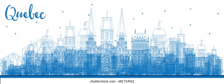 Outline Quebec Skyline with Blue Buildings. Vector Illustration. Business Travel and Tourism Concept with Historic Architecture. Image for Presentation Banner Placard and Web Site.