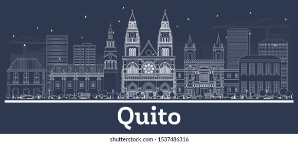 Outline Quito Ecuador City Skyline with White Buildings. Vector Illustration. Business Travel and Concept with Historic Architecture. Quito Cityscape with Landmarks.