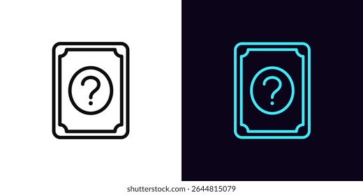 Outline quiz card icon, with editable stroke. Play card with question mark, guessing game icon. Quiz time, trivia game show, tarot card, guess answer, questionnaire, quiz competition. Vector icon