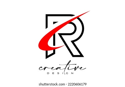 Outline R Letter Logo Design with Creative Red Swoosh. Letter r Initial icon with curved shape vector illustration.