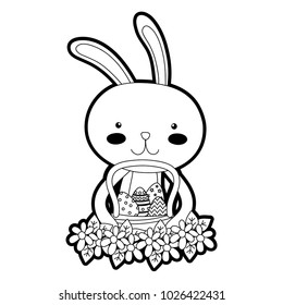 outline rabbit animal with eggs easter inside hamper and flowers design