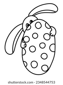 Outline rabbit behind easter egg, coloring page for holiday activity or vector illustration  design