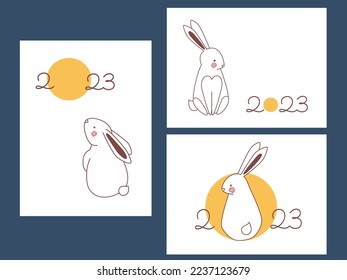 Outline rabbit and moon drawing. New Year 2023 card or calendar minimalistic cover concept designs set. Cute doodle bunny and hand drawn style numbers.