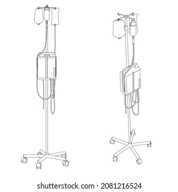 Outline of a rack with a dropper made of black lines, isolated on a white background. Side view, isometric. Vector illustration