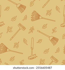 Outline Rake Fall Leaves Vector Seamless Pattern illustration Design