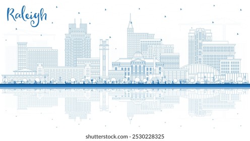 Contorno del horizonte de la ciudad de Raleigh, Carolina del Norte, con edificios azules y reflejos. Ilustración vectorial. Paisaje urbano de Raleigh con Lugares famosos. Concepto de viajes de negocios y turismo con arquitectura moderna.