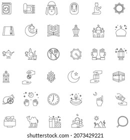 Outline ramadan and eid Mubarak celebration icon, flat vector collection set