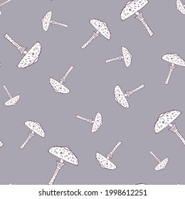 Outline random mushroom shapes seamless pattern in hand drawn style. Pastel purple background. Stock illustration. Vector design for textile, fabric, giftwrap, wallpapers.
