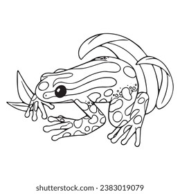 Outline Ranitomeya amazonica sits in grass. Poison dart frog, toad with patterned skin. Venomous amphibian animal. Exotic fauna. Coloring book. Lineart isolated vector illustration on white background