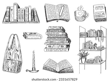 Outline reading set. Collection of books, bookshelf, cup of tea, candle. Hand drawn vector illustrations for a lover of reading. Engraving retro style clip arts isolated on white..