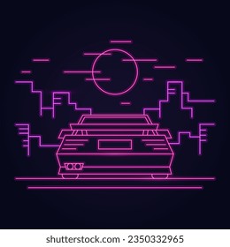 Outline rear view car stands at sunset and city background in 80s style arcade game.