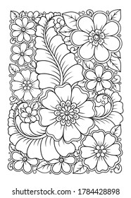 Outline rectangular floral pattern in mehndi style for coloring book page. Antistress for adults and children. Doodle ornament in black and white. Hand draw vector illustration.
