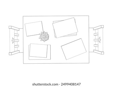 Outline of a rectangular table with two chairs made of black lines isolated on a white background. Books and pencils lie on the table. Children's place. Vector illustration.