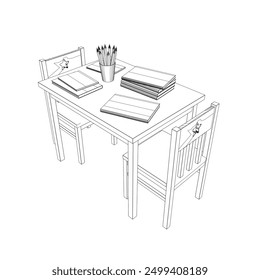 Outline of a rectangular table with two chairs made of black lines isolated on a white background. Books and pencils lie on the table. Children's place. Vector illustration.