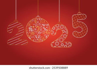 Outline red golden Happy 2025 New Year greeting banner. Printed flyer in gold red colors. Template for printing, announcement poster for inviting guests to celebration. Vector