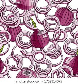 Outline red onion vector seamless pattern. Hand drawn purple colored bulb, rings and slices of onion. Fresh ingredients cartoon drawing for package, menu, kitchen decoration
