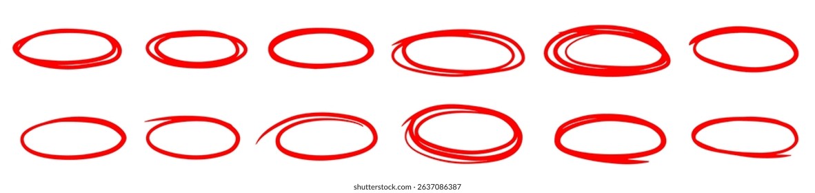 Outline red oval circle scribble charcoal pencil pastel oval circles comic sketch doodles. Hand drawn marker pen highlight illustrations.