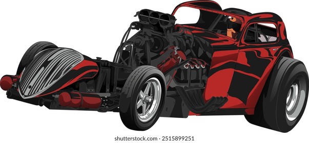 Outline red and painted racing car. Isolated in black background, for t-shirt design, print. and for business purposes.
