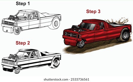 Outline red and painted racing car. Isolated in black background, for t-shirt design, print. and for business purposes.