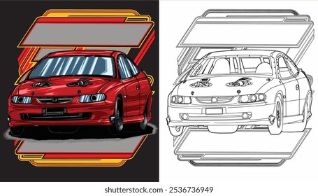 Outline red and painted racing car. Isolated in black background, for t-shirt design, print. and for business purposes.