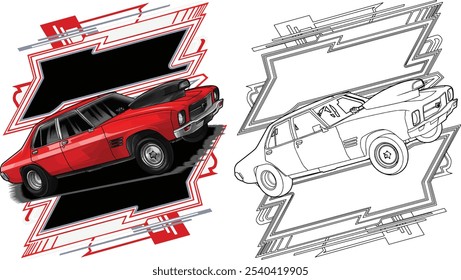 Outline red and painted racing car. Isolated in white background, for t-shirt design, print. and for business purposes.