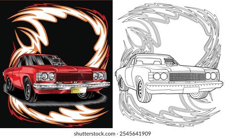 Esquema rojo y pintado coche de carreras. Aislado en fondo negro, para el diseño de la camiseta, impresión. y para los propósitos del negocio.