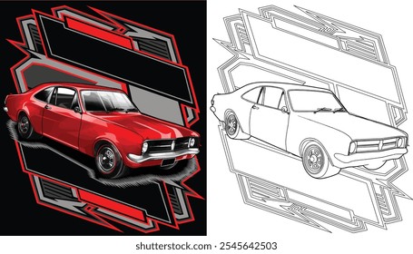 Outline red and painted racing car. Isolated in black background, for t-shirt design, print. and for business purposes.