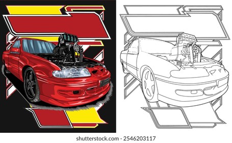 Outline red and painted racing car. Isolated in black background, for t-shirt design, print, and for business purposes.