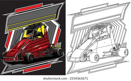 Outline red and painted racing car. Isolated in black background, for t-shirt design, print, and for business purposes.