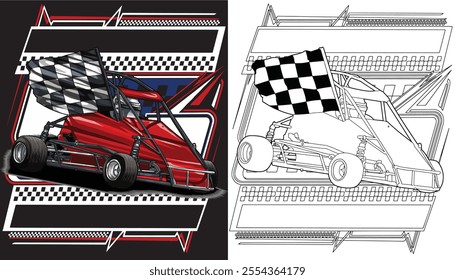 Outline red and painted racing car. Isolated in black background, for t-shirt design, print, and for business purposes.