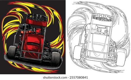 Outline red and painted racing car. Isolated in black background, for t-shirt design, print, and for business purposes.