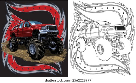 Outline red truck splash, isolated on a black background, for t-shirt design, print, and for business, purposes.