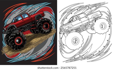 Outline red truck splash, isolated on a black background, for t-shirt design, print, and for business, purposes.