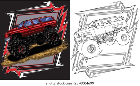 Outline red truck splash isolated on a black background for t-shirt design, print, and business purposes.