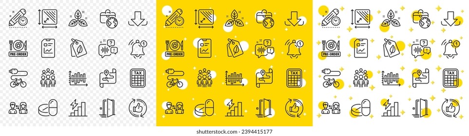 Outline Refresh like, Voicemail and Door line icons pack for web with Reminder, Tax calculator, Project deadline line icon. Square area, Consumption growth, Bio tags pictogram icon. Map. Vector